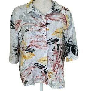 C & C California Tropical Floral Print Linen Button Down Short Sleeve Shirt L